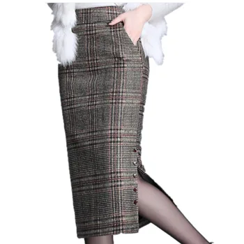 De iarnă de 2022 de lână carouri fusta femei talie mare pach hip split birou doamnă fusta creion