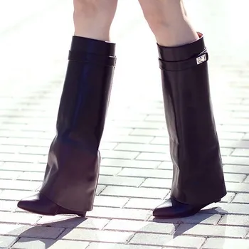 De lux Rechin Cizme Slip-on Piele naturala Femei pe Genunchi-Cizme a Subliniat Toe cu Toc Pană de Pantofi de Designer Botas Femininas 2022