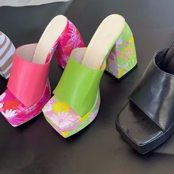 De mari Dimensiuni 43 Sandale Femei cu Toc de Imprimare de Moda 2022 Toamna Noua Rădăcină Pătrată Deschis Deget de la picior Deget de la picior Pătrat Sandale Zapatos Mujer