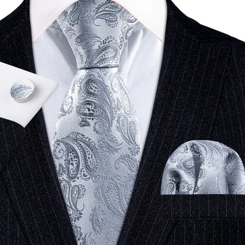 De Moda De Argint Florale Oameni De Mătase Cravata Cadou De Nunta Barry.Wang Designer Cravata, Batista, Butoni Set Afaceri Mirele ÎNTR-6010