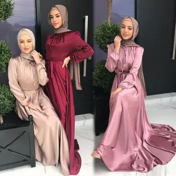 De Vânzare la cald Cutat Satin Caftan Musulman Rochie Eleganta de Culoare Pură Mult Islamic Abaya Femei Modestă Poarte Haine EID Robe WY005