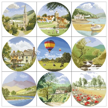 De înaltă Calitate Numărat Ochiuri Încrucișate Kit Peisaj Serie peisaj balon cu aer cald de pe malul Lacului bisericii din sat Pârâu de Munte flori