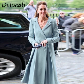Delocah Toamna Femei Pistă De Moda Amestecuri De Haina Lui Kate Middleton Cu Maneci Lungi Eșarfe Singur Pieptul Albastru De Imprimare Cald Paltoane Palton