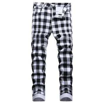 Design Original pentru Bărbați Elastic Blugi Stil Britanic Personalitate tipar Digital Alb-Negru Carouri Mijlocul Talie Agrement Pantaloni Slim