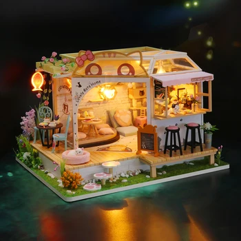 DIY din Lemn, Păpuși lucrate Manual in Miniatura Cat Cafea Hut Asamblare Jucarii Suvenir Cadou Cadou de Casa si gradina