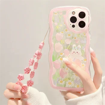 Drăguț Roz de Flori de Iepure Val Caz Telefon cu Beacelet pentru iPhone 13 12 11 Pro XS Max X XR 7 8 plus Kawaii Acoperi Funda