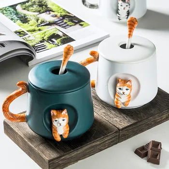 Drăguț Shiba Inu Cană de Ceramică, noi Relief 3D de Desene animate Ceramica Pisică Câine Set Cana Cu Farfurioare Lingura Cani de Cafea mare Cadou de crăciun