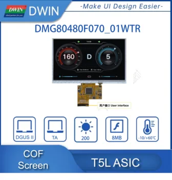 DWIN 7 inch, 800*480 rezolutie, 262K culori, TN-TFT-LCD, COF structura, Ecran Tactil Rezistiv, UART, DMG80480F070_01WTR
