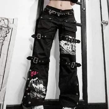 E-fată Gotic Negru Pantaloni Capri pentru Femei Talie Joasa Blugi Pantaloni Lungi Y2K Grunge, de Epocă, Hip-Hop, Punk Harajuku Streetwear