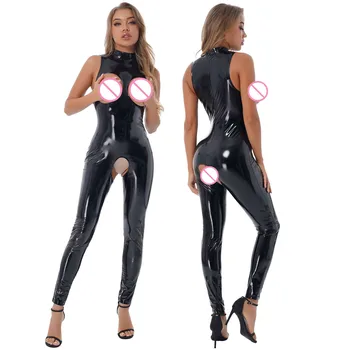 Femei Din Piele De Brevet Body Sexy Cu Cupa De San Expunerea Salopetă Fără Mâneci Deschis Picioare Erotic Catsuit Clubwear