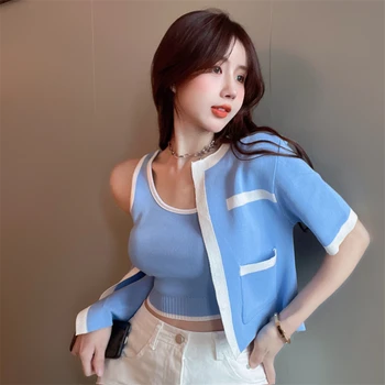 Femeile Coreene Vesta Tricotate De Sus A Culturilor De Acoperire De Până Cardigan Pulover Două Seturi De Piese De Streetwear-Sexy Femei Topuri