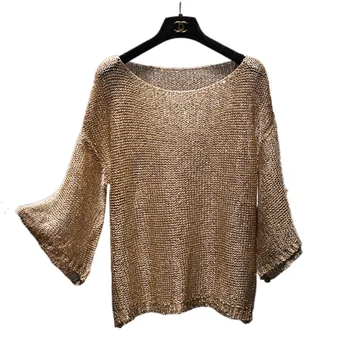 flare sleeve femei de aur pulovere femei 3/4 sleeve sequin tricouri streetwear femei top