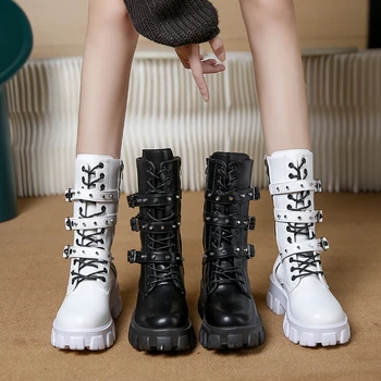 Goth Cizme Femei de Iarna 2022 FEMEI GLEZNA CIZME Platforma Pantofi Adidași cu Crampoane Catarama Punk Armata Tocuri Indesata la Jumătatea Vițel Cizme