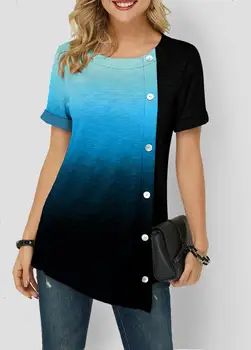 Gradient Tipărite Irrgular Topuri Femeile Butonul Casual Topuri Largi Tricouri de Vara de Mari Dimensiuni cu Maneci Scurte T Shirt 5XL