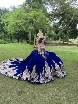 gy Elegant Albastru Regal Quinceanera Rochie cu Maneci Detasabile din Dantela Aplicatii Dulce 16 Rochii Mexican de Bal Rochie de paradă