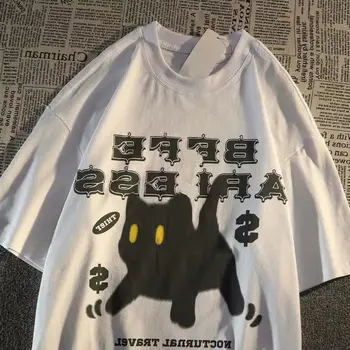 Harajuku Femei T-shirt Hip Hop Streetwear Pisici Print cu Maneci Scurte Tricou Vrac Moda Casual Femei Bluze 2022 Y2k Haine de Top