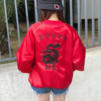 Harajuku GD Stil Dragon Broderie de Mătase Faux Baseball Strat Uniform de Primăvară Liber Cupluri Jacheta cu Fermoar Cardigan Streetwear Topuri