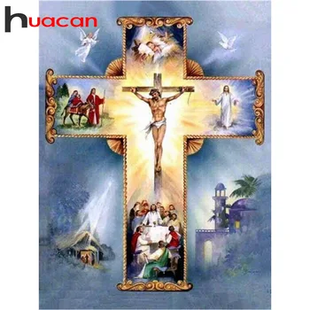 Huacan 5D Diamant Pictura Burghiu Plin de Pătrat Religie Diamant Mozaic Crucifix DIY Diamant Broderie Isus Biserica Decor de Perete