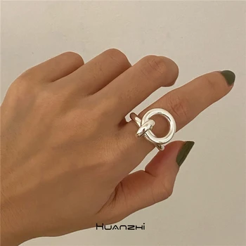 HUANZHI 2020 Nou Ins coreean Metal Retro Auriu Argintiu Culoare Cerc Pandantiv Geometrie Deschidere Inel pentru Femei Petrecere Hot de Bijuterii