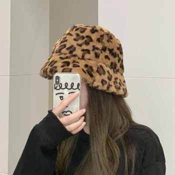 Iarna Lână Lână Cald Feminin Doamna Bucket Hat Pentru Femei Leopard Imprimate Femei Găleată Cu Capac În Aer Liber, Pălării De Soare Pescar Capace