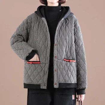 Iarna nou stil de bumbac și lenjerie sacou coreean de mari dimensiuni a fost subțire de imprimare gros cu carouri bumbac căptușit jacheta femei