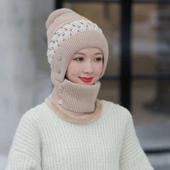 Iarna Vânt Cald Eșarfă dintr-O bucata Pălărie Căști de protecție Capac Tricotate Beanie Hat Pentru Femei B2Cshop