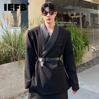 IEFB Bărbați Haina de Moda coreeană Centura Slim Costum Frumos de sex Masculin Tendință Haina 2023 Darkwear de sex Masculin Topuri Mozaic Temperament 9A6326
