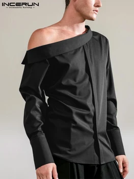 INCERUN Moda Barbati Casual Tricou Rever 2022 Streetwear Maneca Lunga de Pe Umăr Solid de Culoare Topuri Petrecere Club de noapte Camisas S-5XL