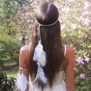 Indian Pană albă Bentita Coarda Păr Frizură articole pentru acoperirea capului Tribal Hippie Accesorii de Par lucrate Manual pentru Femei În 2021 Noi