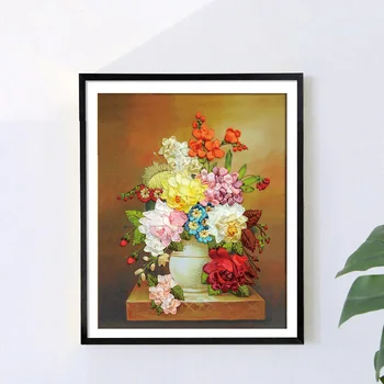 Infloresc Flori Vaza DIY Panglică de Mătase Broderie 3D Panza Pictura Satin Cusatura Cruce trusa de lucru Manual, Artizanat Cadou Decor Acasă