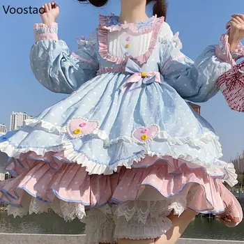 Japoneză Dulce Lolita Printesa Rochie De Femei Drăguț Peter Pan Guler Punct De Val Volane Din Dantela Arc Petrecere Rochii Fete Rochie De Drăguț