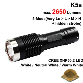 K5s Cree XHP50.2 Alb 6500K / Neutru Alb 5000K / Alb Cald 3000K 2650 Lumeni 5-Mode LED Lanterna - Negru ( 1x26650 )