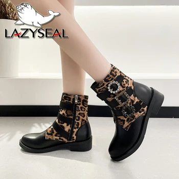 LazySeal 3 cm Toc Pătrat de Pantofi Leopard cu Fermoar Glezna Cizme cu Catarama Cristal Design Chelsea Cizme Plus Dimensiune 43 Femei Cizme botine