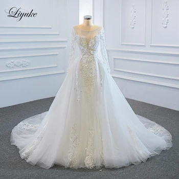 Liyuke Elegant 2 In 1 Rochie De Mireasa Sirena Frumusete Aplici Ștrasuri Din Mărgele De Perle Dantelă Rochii De Mireasa Sus