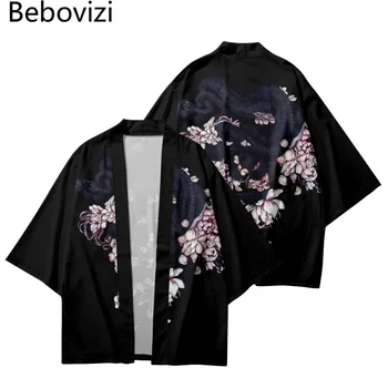 Moda Cardigan Bărbați Femei Beach Kimono Japonez Streetwear Stil Sarpe De Imprimare De Flori De Vară Negru Haori Yukata Harajuku Topuri
