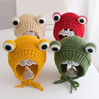 Moda Drăguț Broasca Pălărie Tricotate Căciuli de Iarnă Palarie Pentru Copii de Culoare Solidă Chelioși de Tricotat Pălărie Copii de iarna Cald Capota
