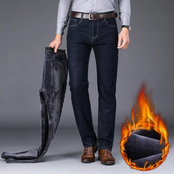 Moda se Ingroase Blugi Denim pentru Omul de Iarna Noi Cald Slim Fit Jeans Negru Albastru Oameni de Afaceri de Îmbrăcăminte Fleece Mens Pantaloni Stretch
