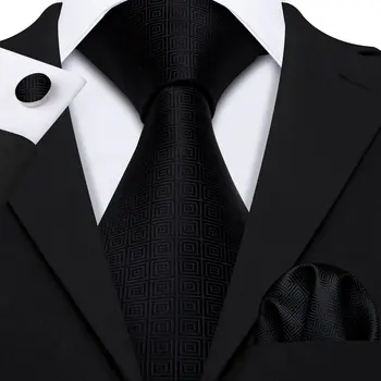Negru Geometrice Cravată Cravată De Mătase Pentru Bărbați Nunta Lega Petrecere Cu Cravata, Batista, Cravata Barry.Wang Designer de Moda Lega Set LS-5225