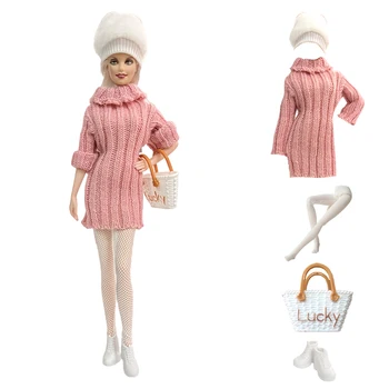 NK Oficial 1 Set Roz Tricotate din Bumbac Pulover de Moda Rochie Sac de Pantofi Pantofi Șosete Haine pentru Barbie Papusa Accesorii