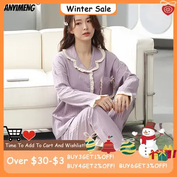 Noi Autmun Iarna Pijamas Guler de Turn-down coreean Pijamale pentru Fete Eleganta Pijamale de Bumbac Moale Violet Cardigan Pijamale