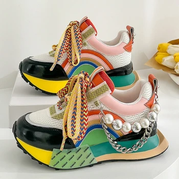 Noi Dantelă Sus Irizate Pearl Lanț Decorativ Femei Vulcanizat Pantofi Femei pe Platforma Adidasi Zapatos De Mujer de Pantofi Femei