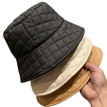 Noi de Iarna Cald pentru Adulti Femei Casual din Piele PU Imprimare Carouri Găleată Pălărie Floppy Panama Capac Gorros Pescuit Palarie de Soare Pescar Pălării