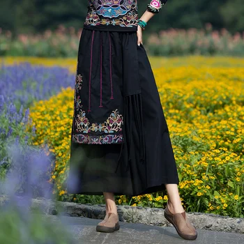 Noi Etnice Harajuku Ciucure Mozaic Femei Pantaloni Negri, Fuste Vintage, Broderie Talie Elastic Pantaloni Îmbrăcăminte În Stil Chinezesc