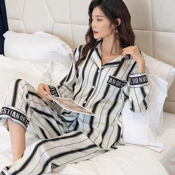Noi Pijamale Femei Primavara-Vara Sleewpear Stil Simplu Alb-Negru Cu Dungi Sleepwear Pijamas Costum Casual Raionul De Haine De Acasă