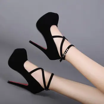 Noua Sexy Clasic Tocuri inalte Femei Sandale de Vară Roșu Negru Pantofi Doamnelor Strappy Pompe Platforma Cap Rotund Glezna Curea de Încălțăminte