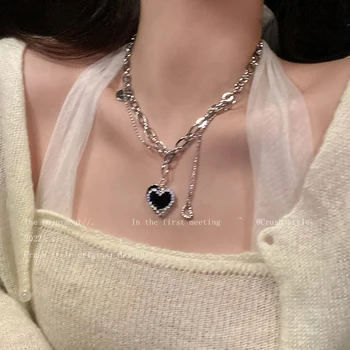 Noul negru în formă de inimă micro diamant lanț dublu de despicare colier stil Gotic femei coliere bijuterii din oțel inoxidabil 2022 Cadou