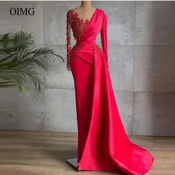 OIMG Rafinat de Mătase Roșie de Seara din Satin Dreses Pur Gât Dantelă Aplicatiile de Margele Dubai Femei Rochii de Bal Formale Rochie de Celebritate Personalizate