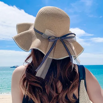 Palarie de vara pentru Femei Beach Palarie de Soare pentru Femei Top Plat Panglică Bowknot Elegant Lux Paie Femei Pălării de Vară Sombrero De Mujer