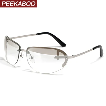 Peekaboo metal jumătate rama ochelari pentru barbati uv400 fără ramă de ochelari de soare pentru femei vintage maro argint oval ochelari de 2023 de sex masculin fierbinte de vânzare