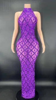 Pietre violet rochie Sirena Bodycon Căpăstru fără Mâneci sală de Bal Seara a Festivalului de Îmbrăcăminte Rhinstone Bal Speciale Ocazie Show